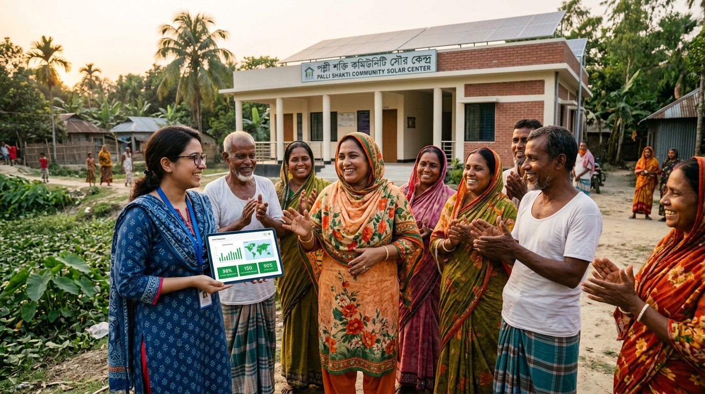 A researcher and community leader outside a solar centre