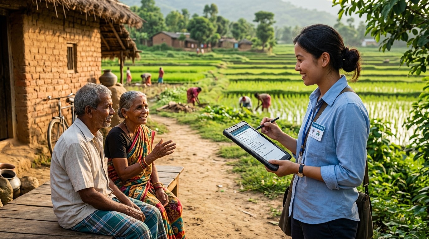 An enumerator interviewing a family beside a rice field on a tablet